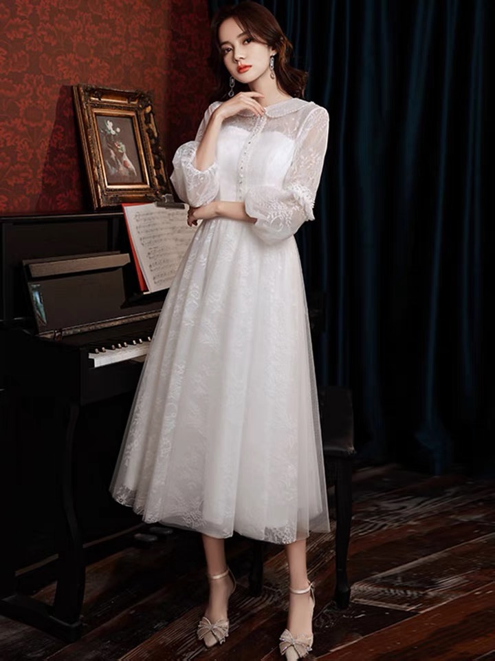 White Evening Dress, Long Sleeve Homecoming Dress, Graduation Dress Custom Made