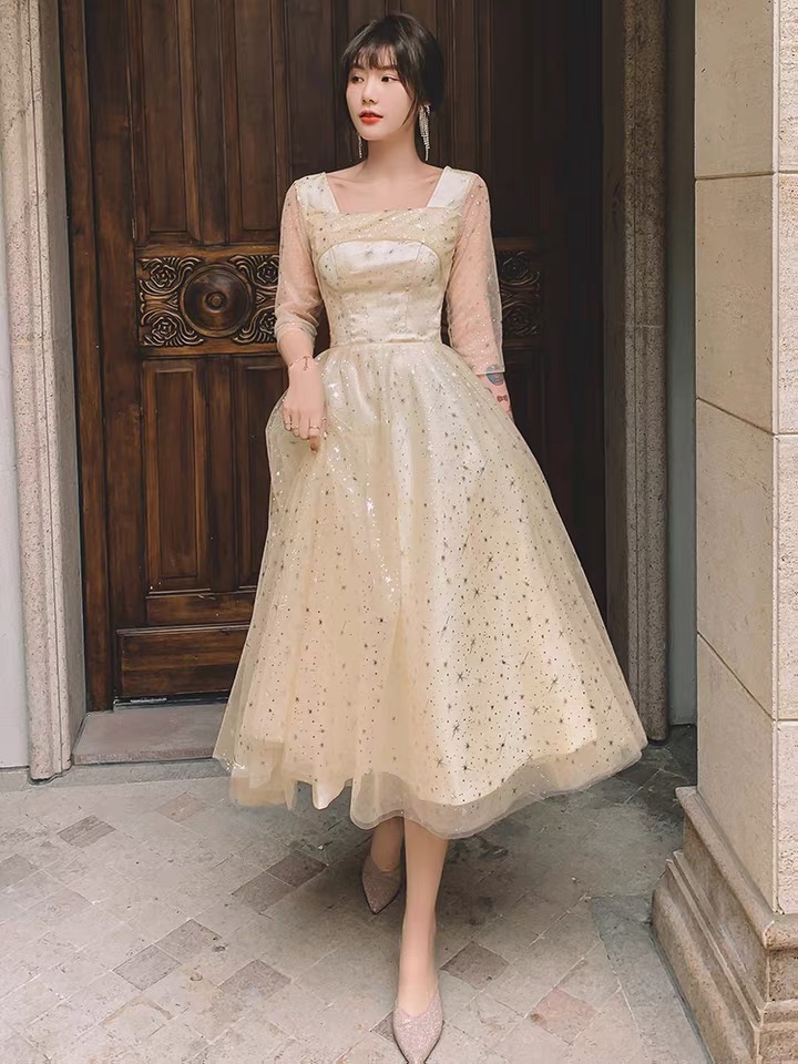 Square Collar Cocktail Dress, Champagne Birthday Party Dress,homecoming Dress, Custom Made