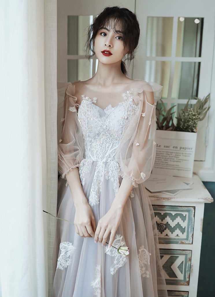 Fall, Long Sleeves Prom Dress, Fairy Applique Party Dress, Custom Made