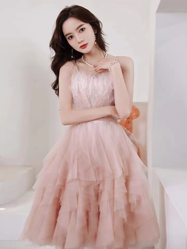 Pink Little Dress, Luxurious Party Dress, Spaghetti Strap Homecoming Dress, Birthday Dress, Custom Made