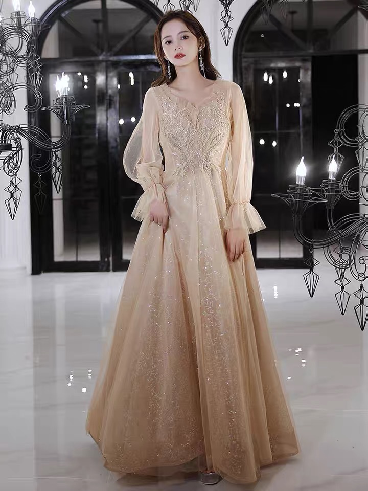 Light Luxurious Evening Dress, Long Sleeves Prom Dress, Senior Sense Lady Dress, Custom Made