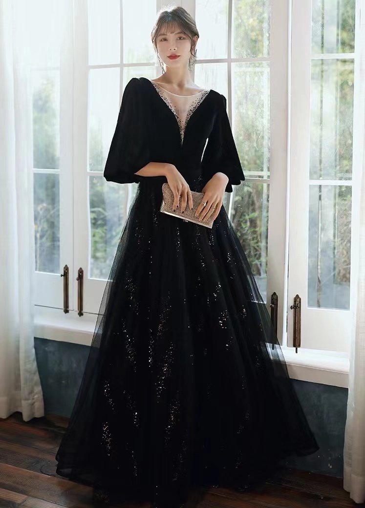 Black Evening Dress, Sequins, Straps, Long Sleeves Luxury Little Dress, Custom Made