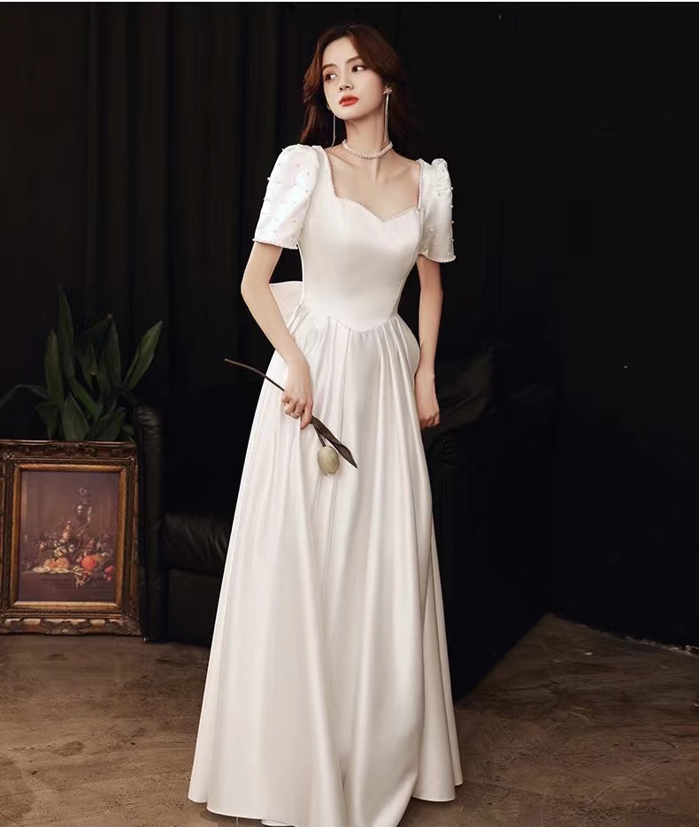 White Evening Dress, Class, Satin Princess Bow Daily Dress, Custom Made