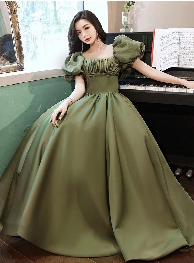 Green Evening Dress , Temperament ,long Bubble Sleeve Princess Dress,custom Made