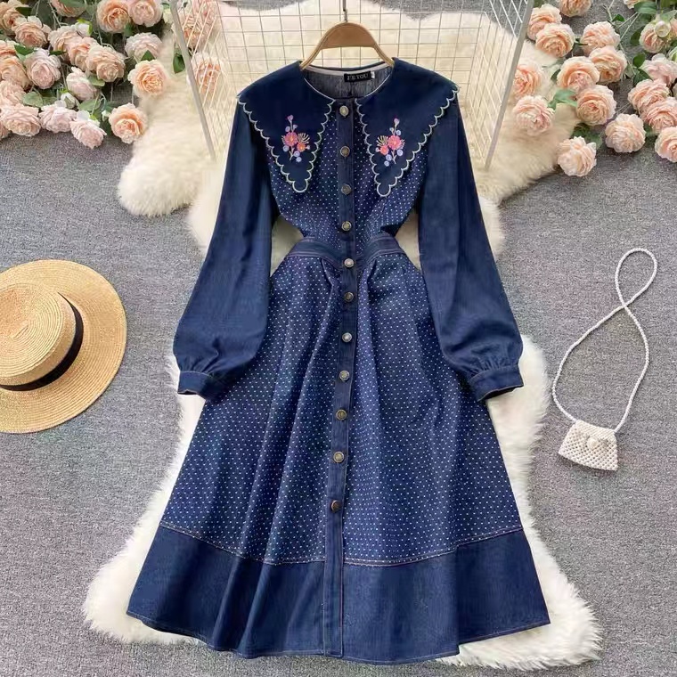 Vintage, Heavy Embroidery Flowers, Lapels, Breasted Denim Dress, Autumn /winter High-waisted A-line Dress
