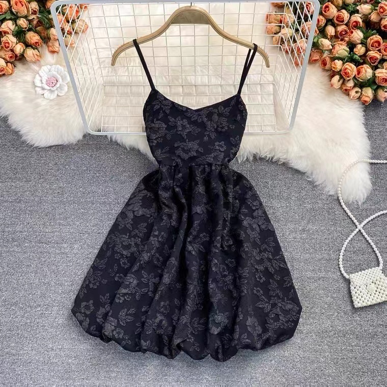 Sweet Pompous Jacquard Dress, Little Fairy Party Dress, High Waist Princess Strap Dress