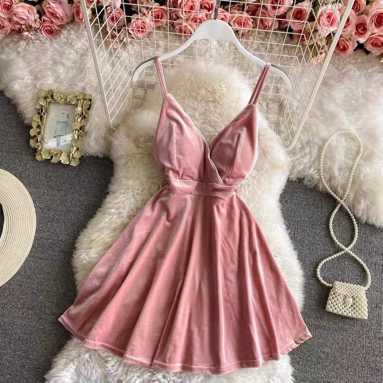 Cute Little Black/pink Dress, Temperament, Velvet V-neck A-line Dress