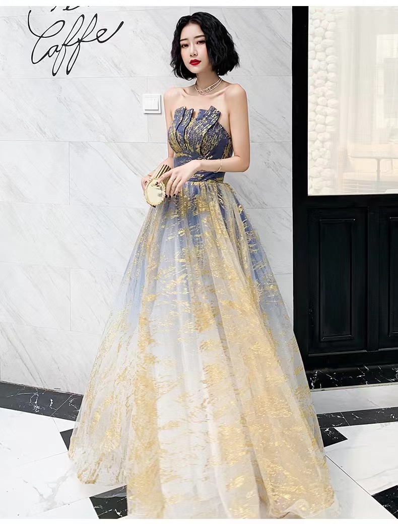 Gold And Blue Pompous Dress, Strapless Evening Gown ,sexy Prom Dress,custom Made