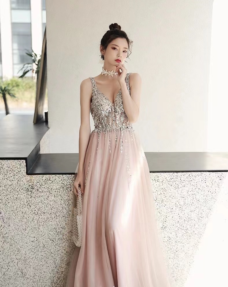 V-neck Evening Dress ,long Style, Heavy Handmade Prom Dress, Pink Sexy Beaded Dress,custom Made