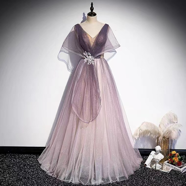 V-neck Prom Dess, Long Fairy Prom Dress, Purple Dream Party Dress,custom Made