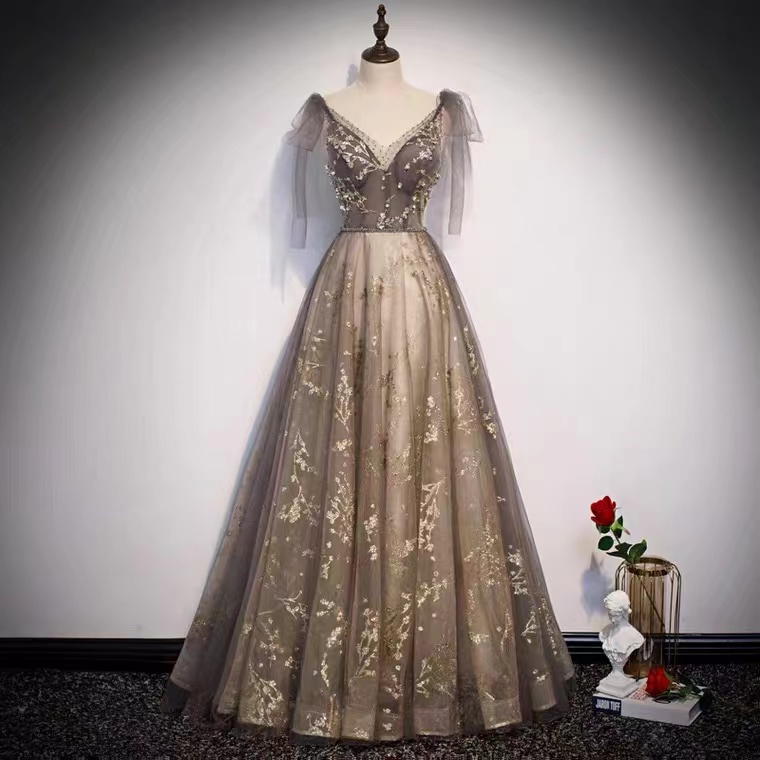 Gray Evening Dress, Class Prom Dress, V-neck Fairy Party Dress,custom Made