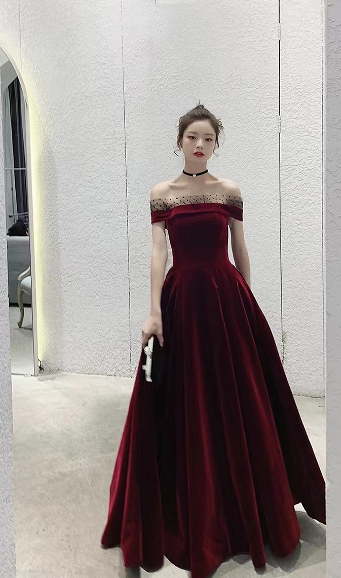 Burgundy Prom Gown, Off Shoulder Evening Gown, Sexy Velvet Gown,custom Made