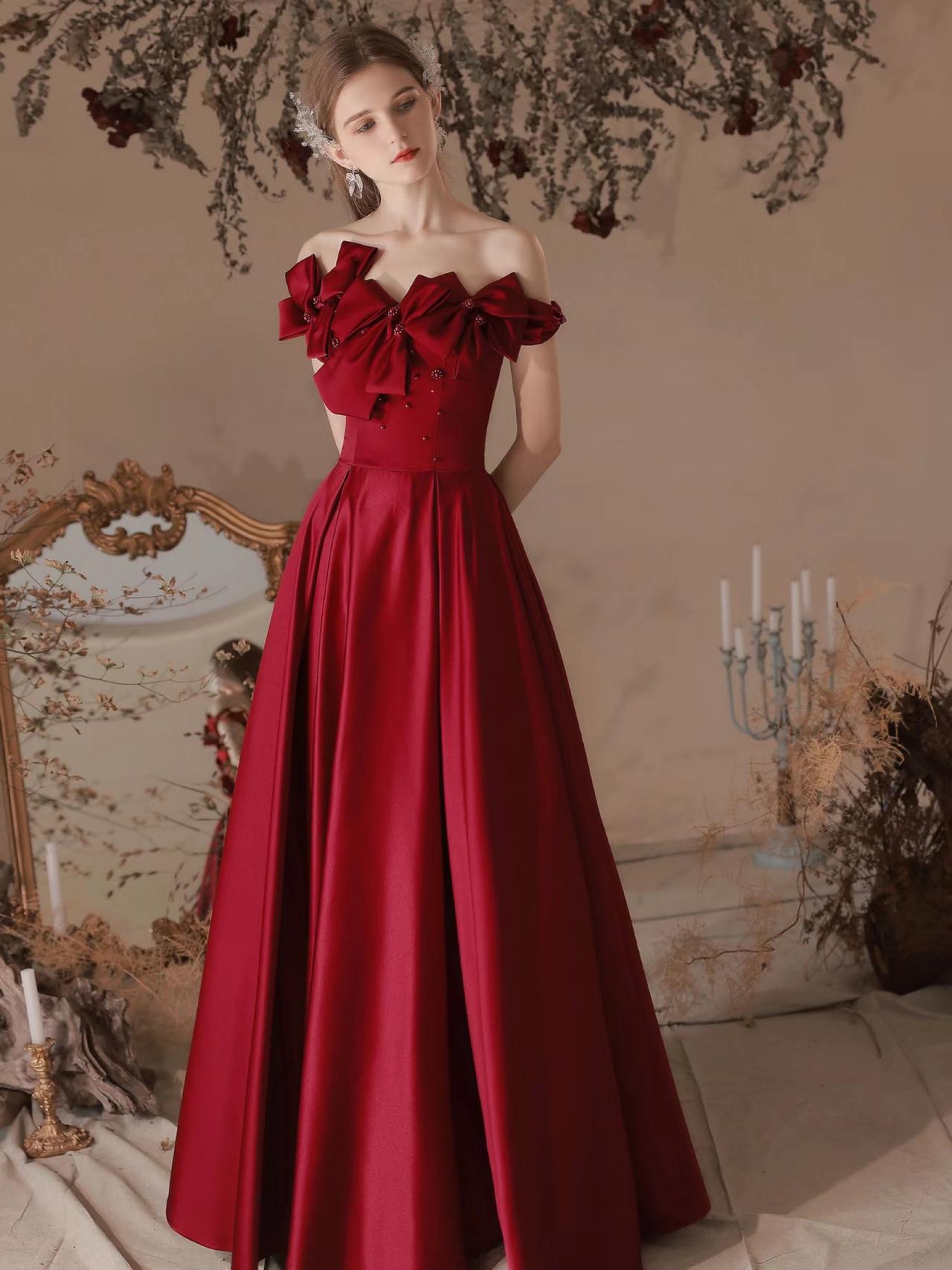 Satin Red Dress, Off Shoulder Super Fairy Dress, Charming Sweet Bow Collar Evening Dress,custom Made
