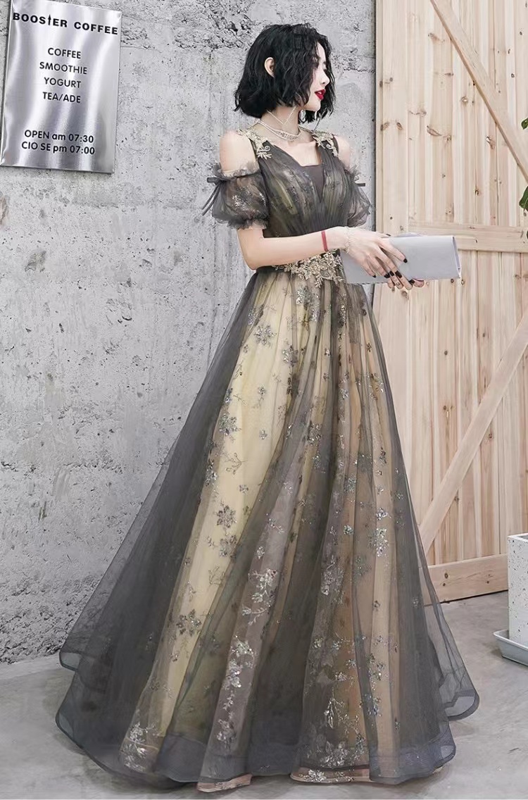 Queen Aura Prom Dress, Elegant Evening Dress,off Shouler Gray Party Dress, Custom Made