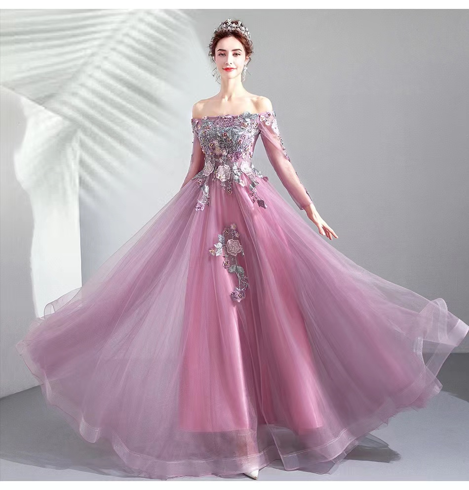 Fairy Prom Dress, Purple Long Sleeve Party Dress, Chic Applique Dress,mcustom Made