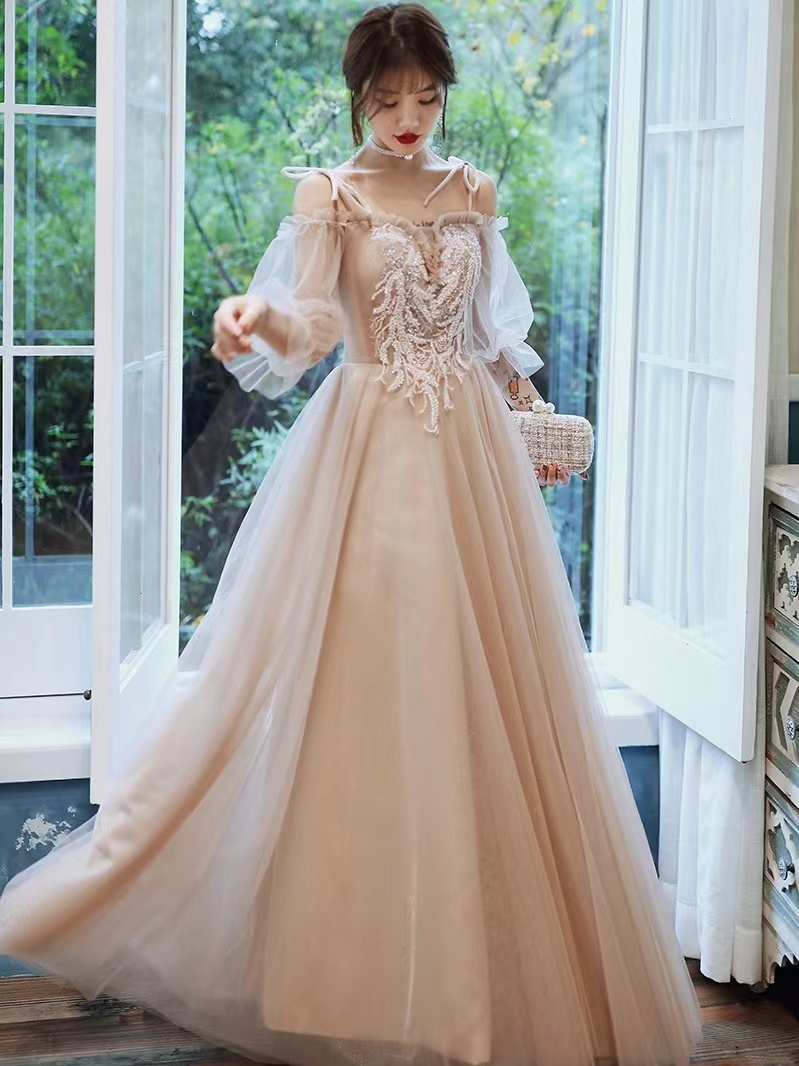 Long Sleeve Party Dress, Champagne Bridesmaid Dress, Fairy Birthday Dress,custom Made