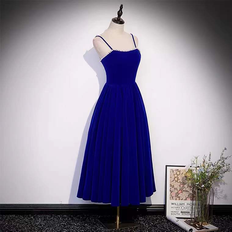 Blue Party Dress, Birthday Spaghetti Strap Midi Dress,custom Made