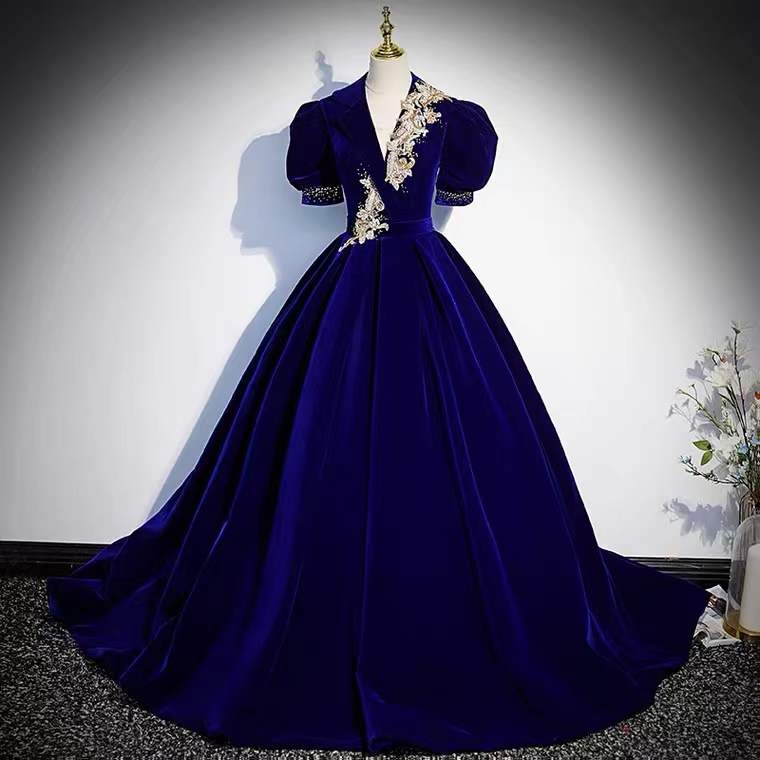 V-neck Evening Dress, Elegant Formal Dress,blue Party Dress,custom Made