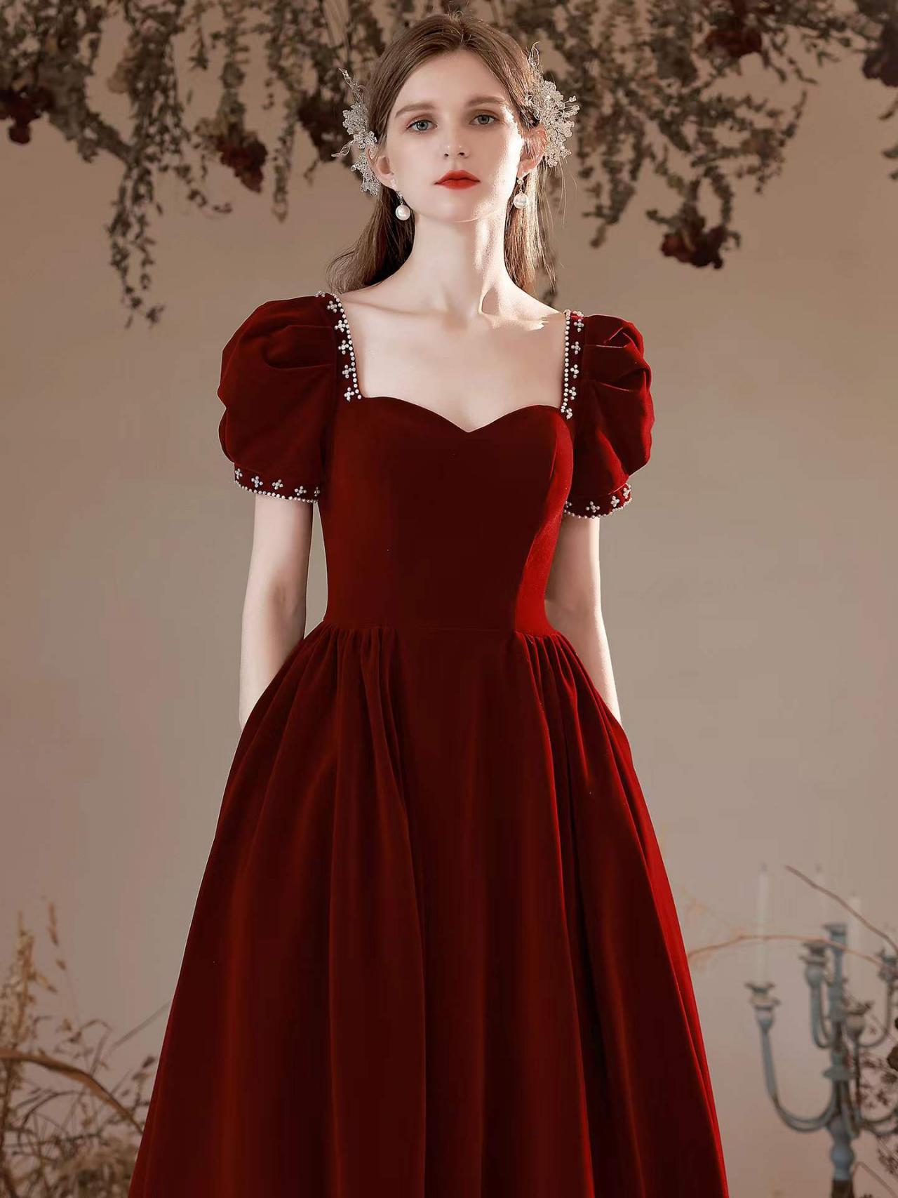 Velvet Dress, Burgundy Bubble Sleeve Prom Dress, Chic Temperament Evening Dress,custom Made