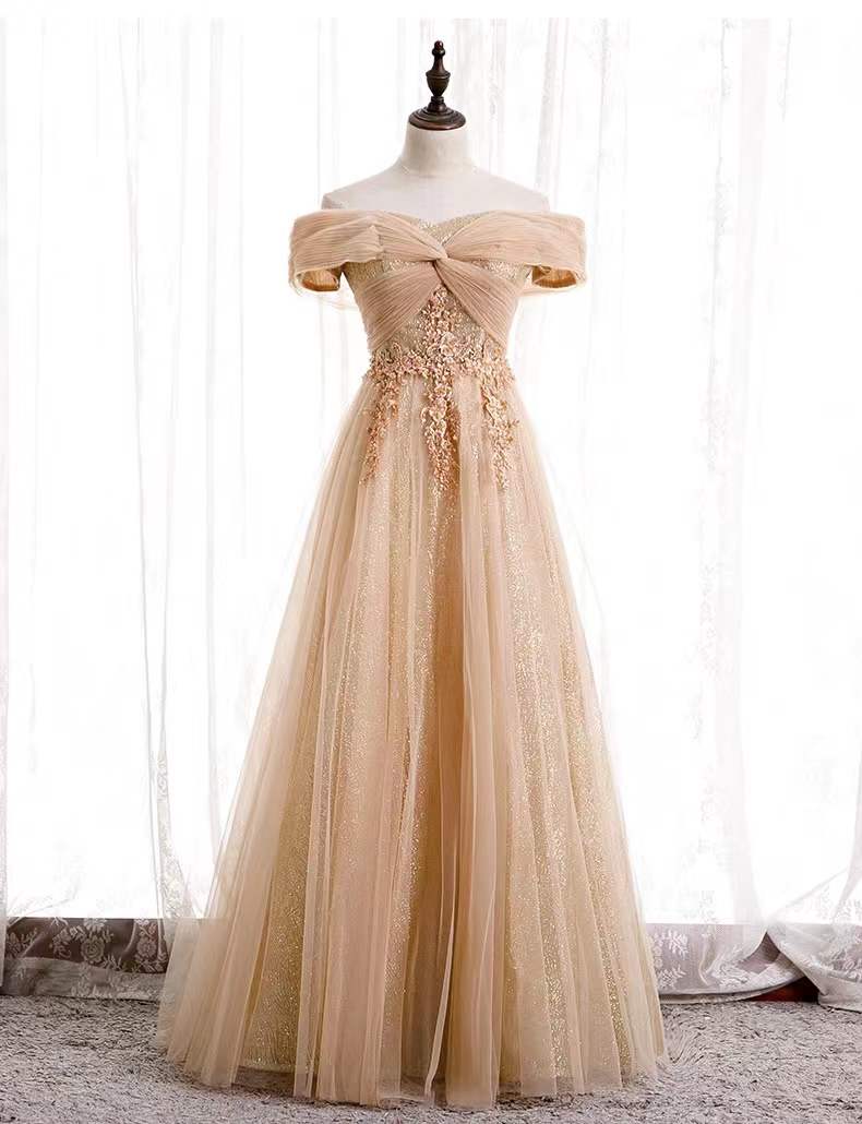 Off-shoulder Prom Gown, Gold Fairy Party Dress,custom Made