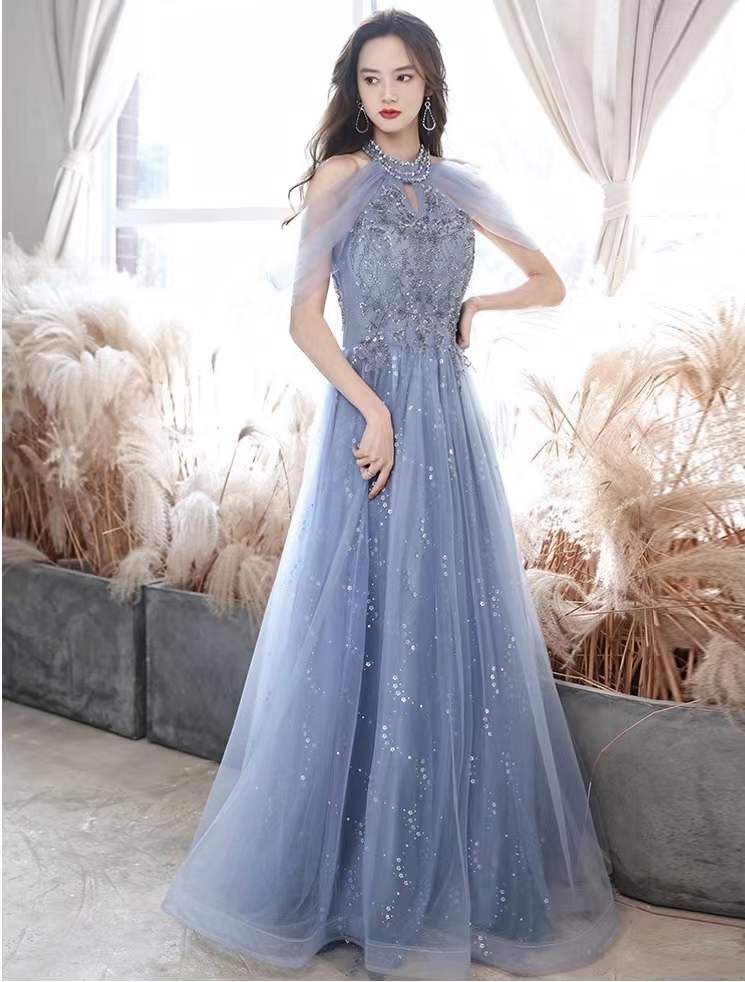 New, blue evening dress, halter neck party dress,fairy bridesmaid dress,custom made