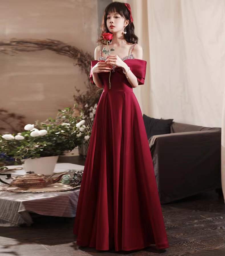 Long Cute Prom Dress,spaghetti Strap Evening Dress, Red Beaded Party Dress,custom Made