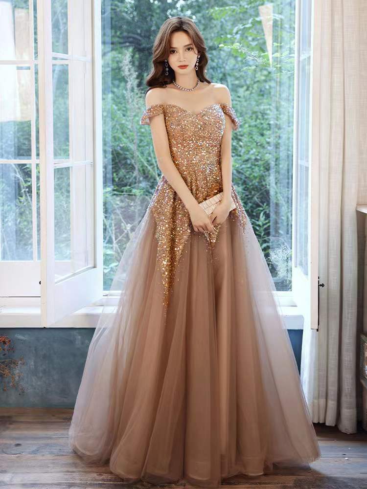 Golden Temperament Evening Dress , Sequins Heavy Beaded Dress, Luxury Shiny Party Dress,custom Made