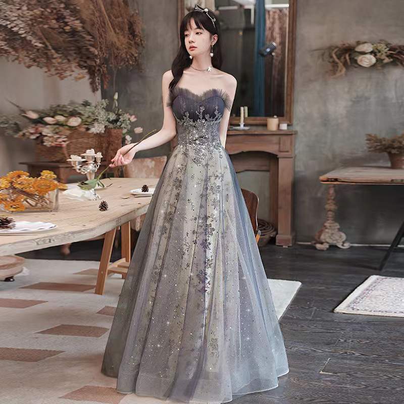 Classy Evening Dress, Strapless Prom Dress, Grey Fairy Dress, Custom Made