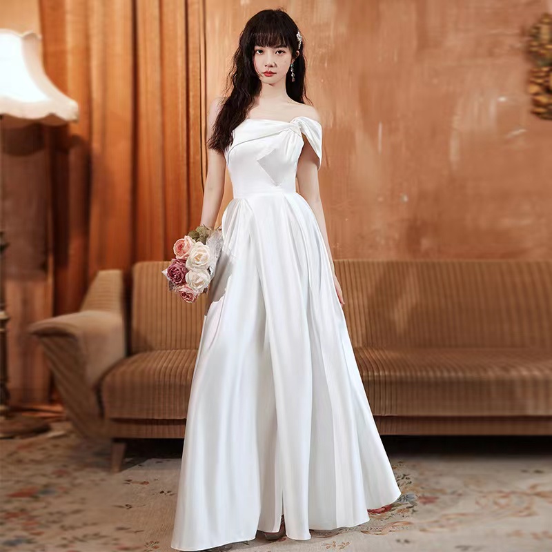 White Evening Dress, Satin Off Shoulder Prom Dress, Custom Made