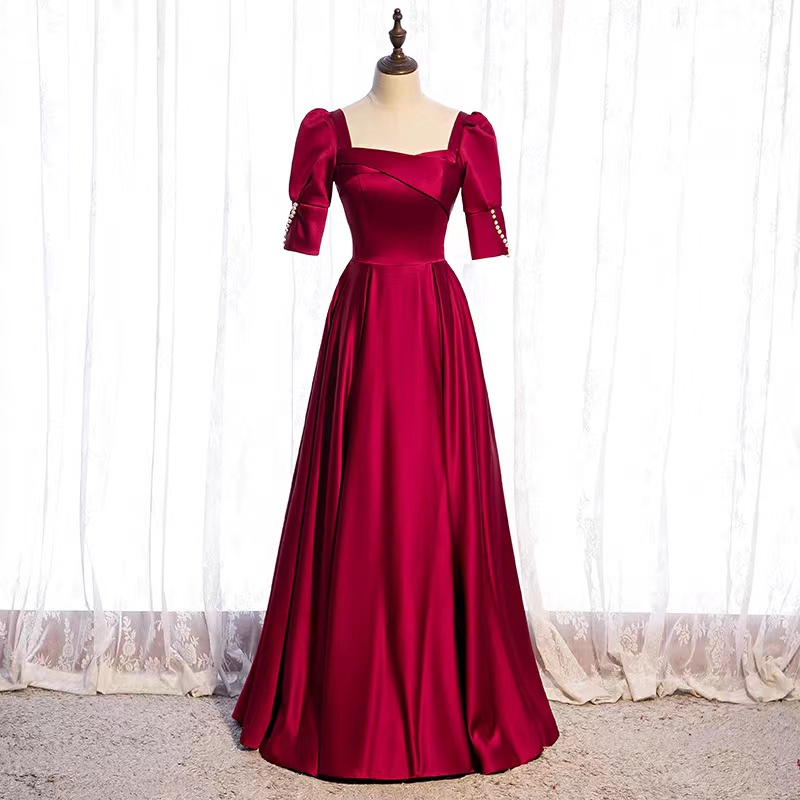 Long Red Dress, Satin Evening Dress, Square Collar Formal Dress, Custom Made