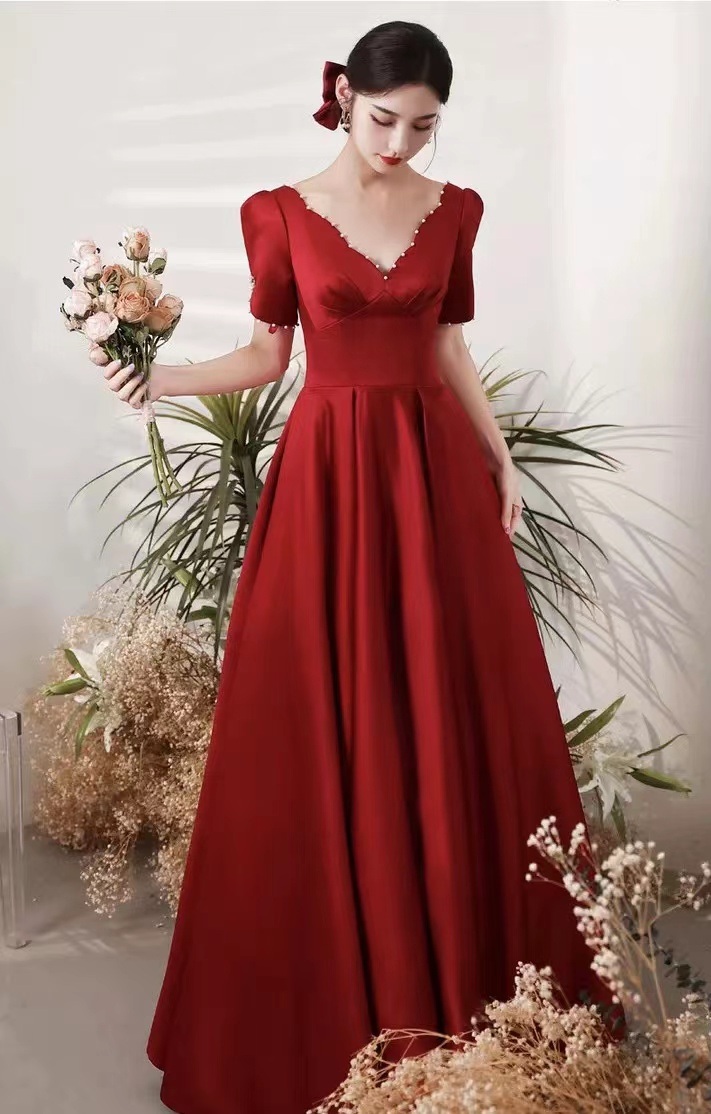 V-neck Evening Dress, Class Prom Dress, Red Satin Dress,custom Made