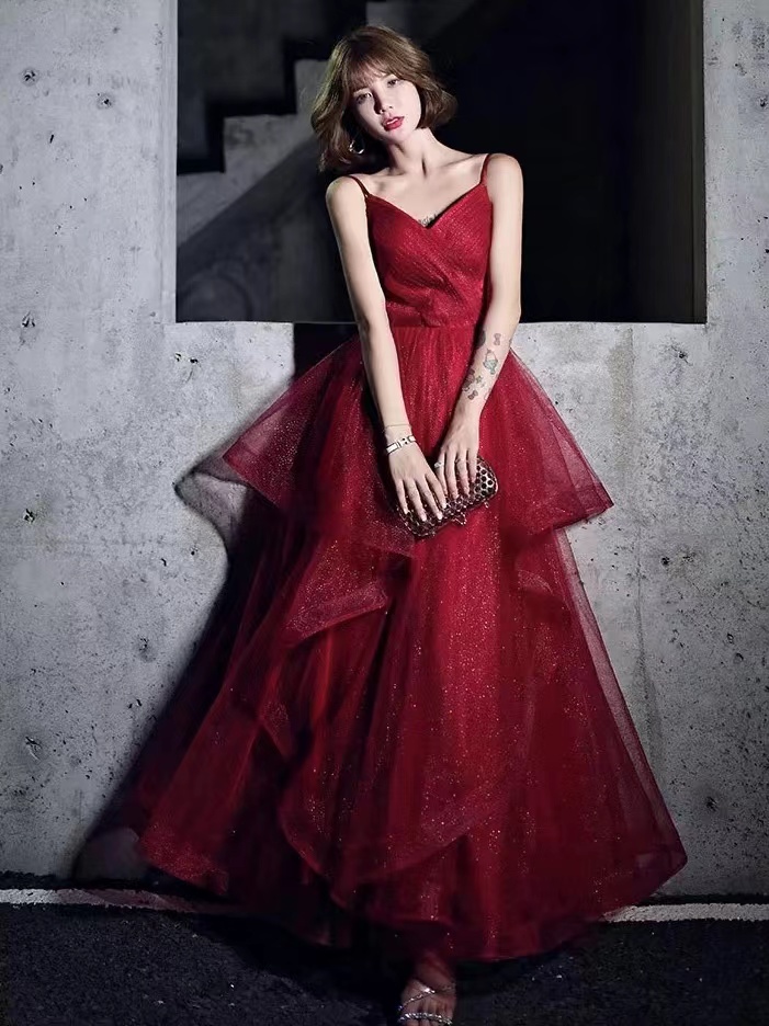 Spaghetti Strap Prom Dress, Red Birthday Dress, Elegant Long Evening Dress,custom Made