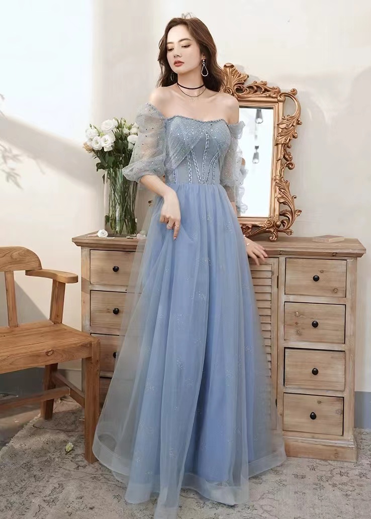 Temperament Long Prom Dress, Fairy Party Dress,off Shoulder Blue Evening Dress,custom Made