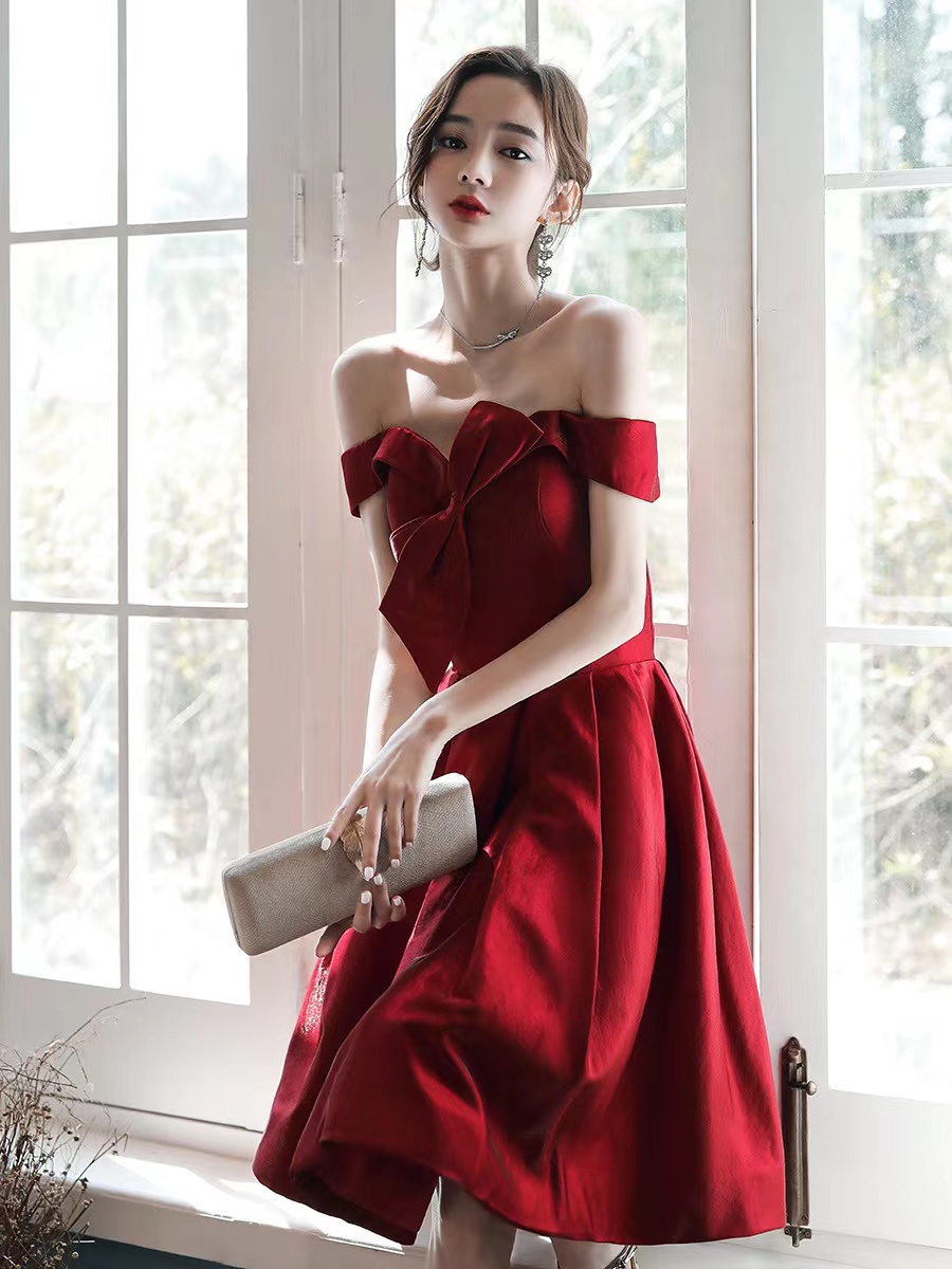 Off-the-shoulder Graduation Dress Red Party Dress, Cute Midi Dress