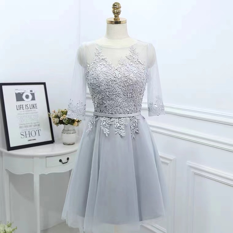 Gray Homecoming Dress, Mid-sleeve Bridesmaid Dress, Lace Party Dress,custom Made