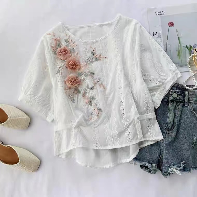 Embroidered 3d Flower Shirt, Short Sleeve Stylish White Top