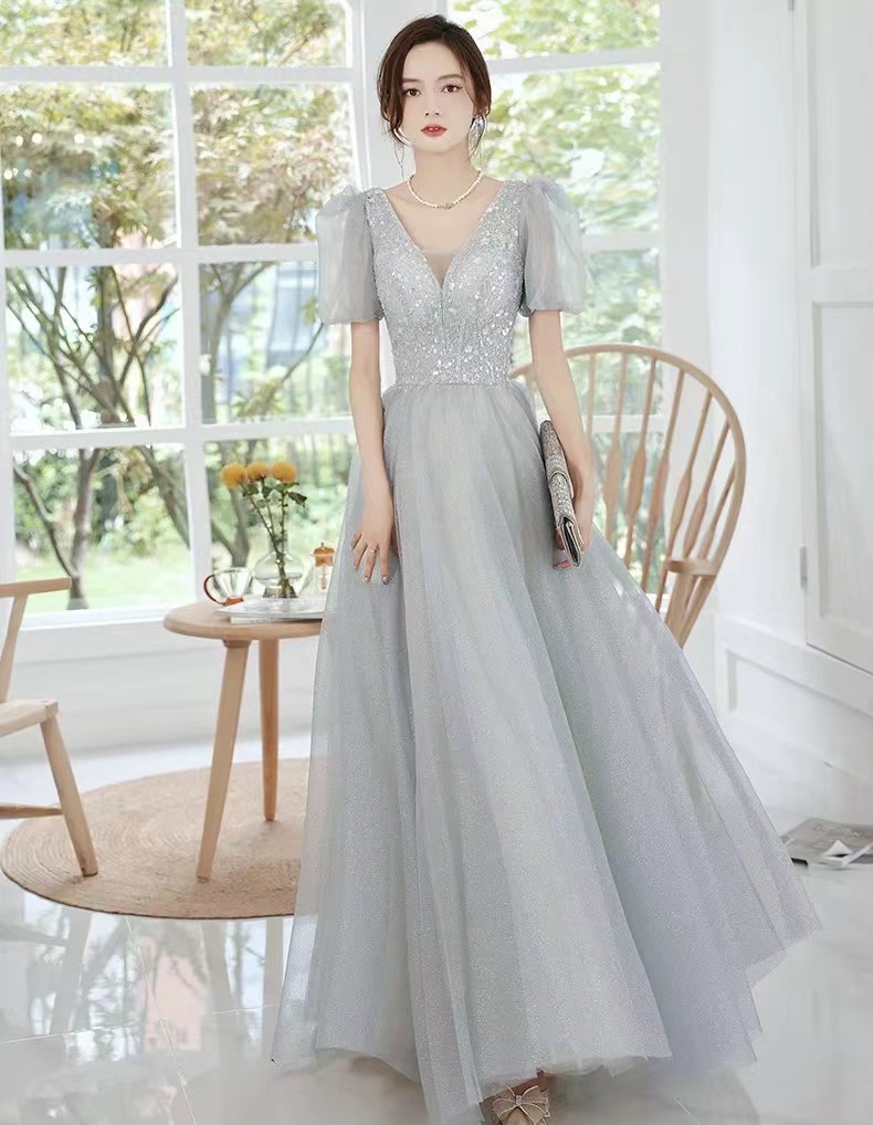 V-neck Prom Dress,princess Party Dress, Gray Prom Dress,custom Made