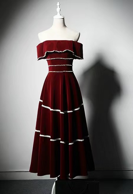 Burgundy Prom Dress,cute Velvet Dress,off Shoulder Party Dress,homecoming Dress,custom Made