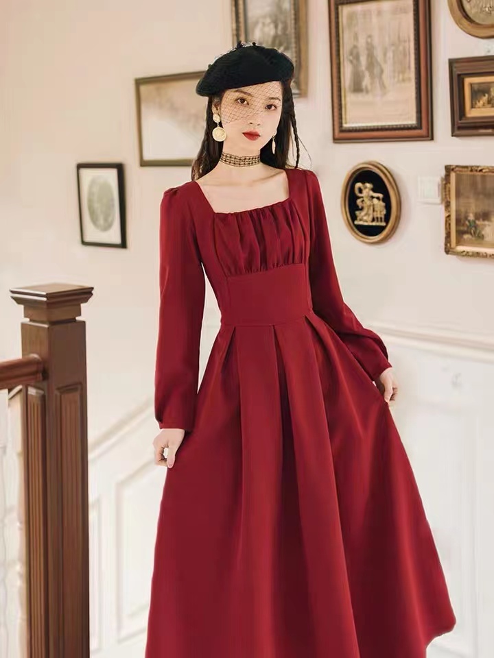 Vintage Prom Dress , Red Dress, Elegant Party Dress,long Sleeve Daily Dress