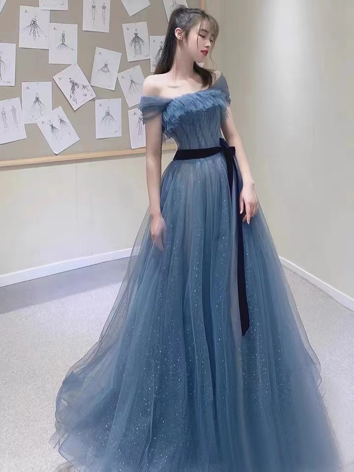Blue Prom Dress,off Shoulder Party Dress,shiny Sky Birthday Dress,custom Made