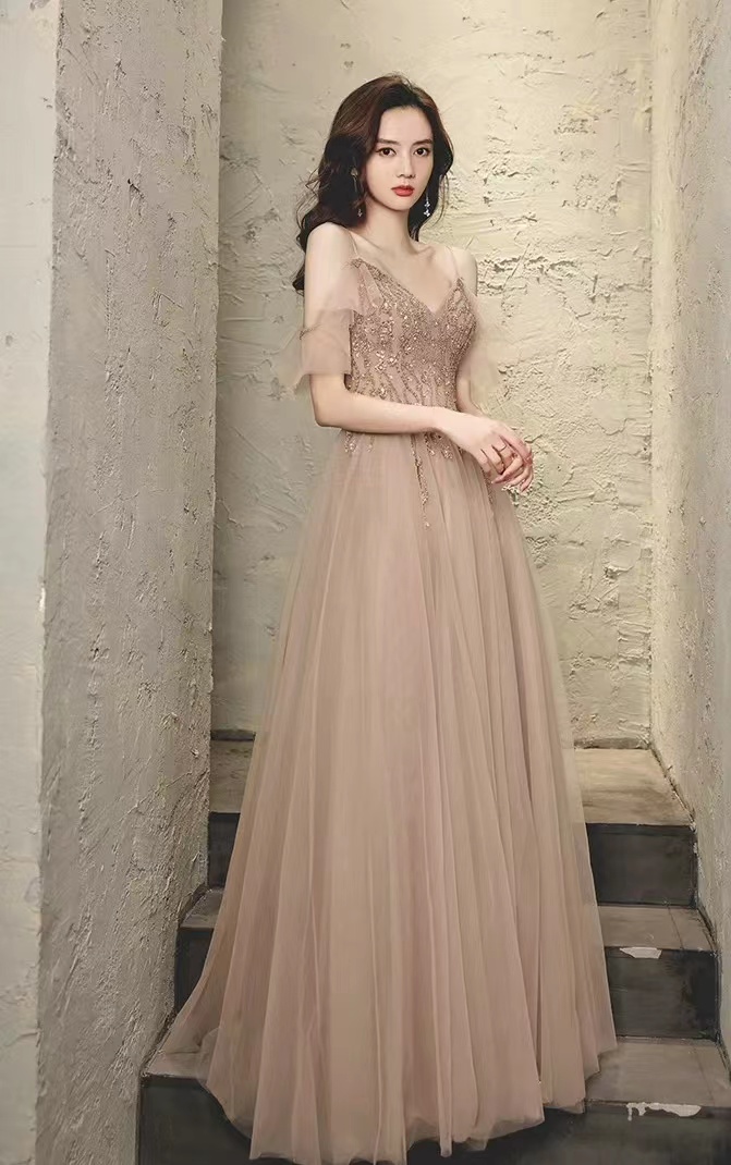 Sexy evening dress,chanpagne prom dress,spaghetti strap beaded dress,custom made