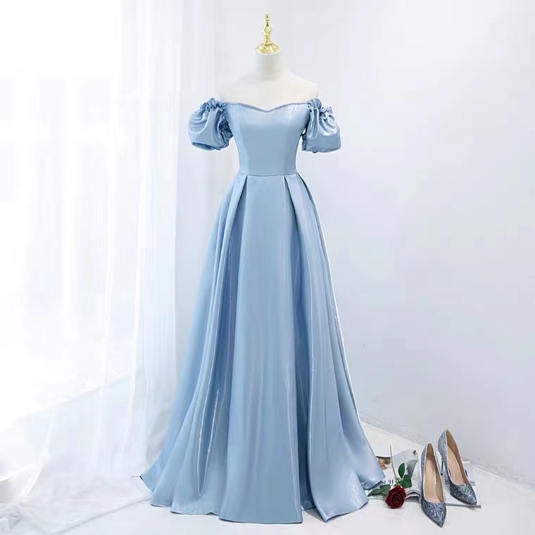Light Blue Evening Dress,satin Party Dress,off Shoulder Prom Dress,custom Made