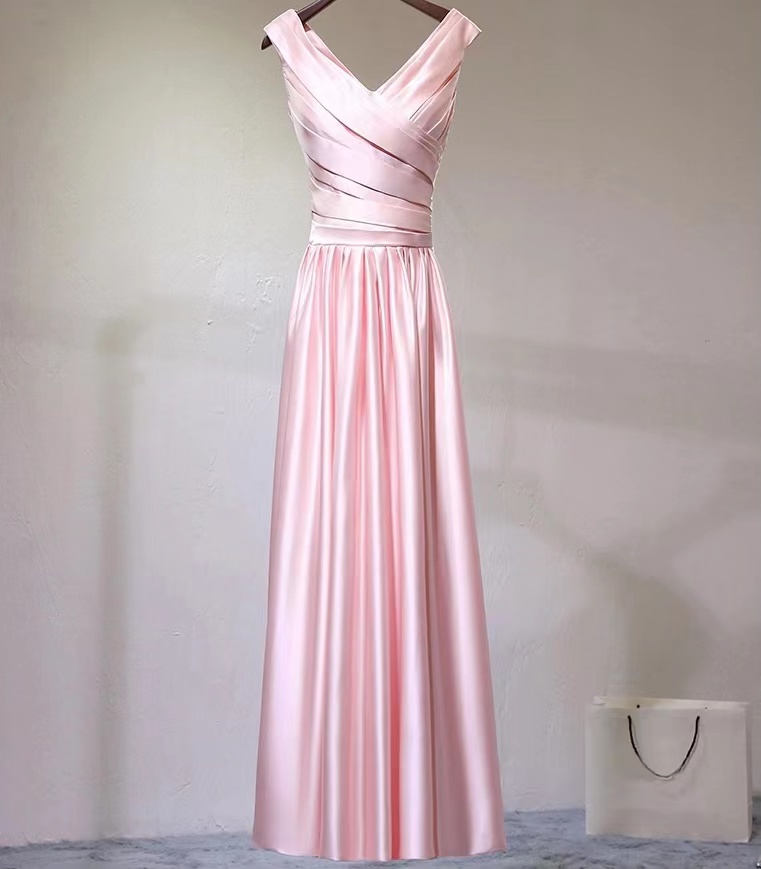 Pink Evening Dress,v-neck Prom Dress,satin Party Dress,custom Made