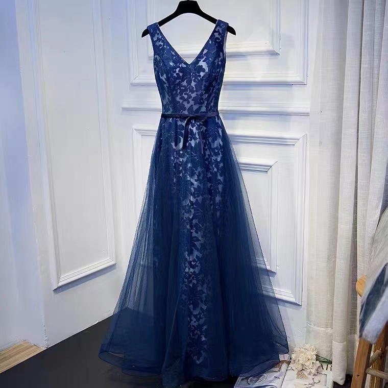 V-neck Prom Dress,lace Party Dress,navy Blue Evening Dress,custom Made