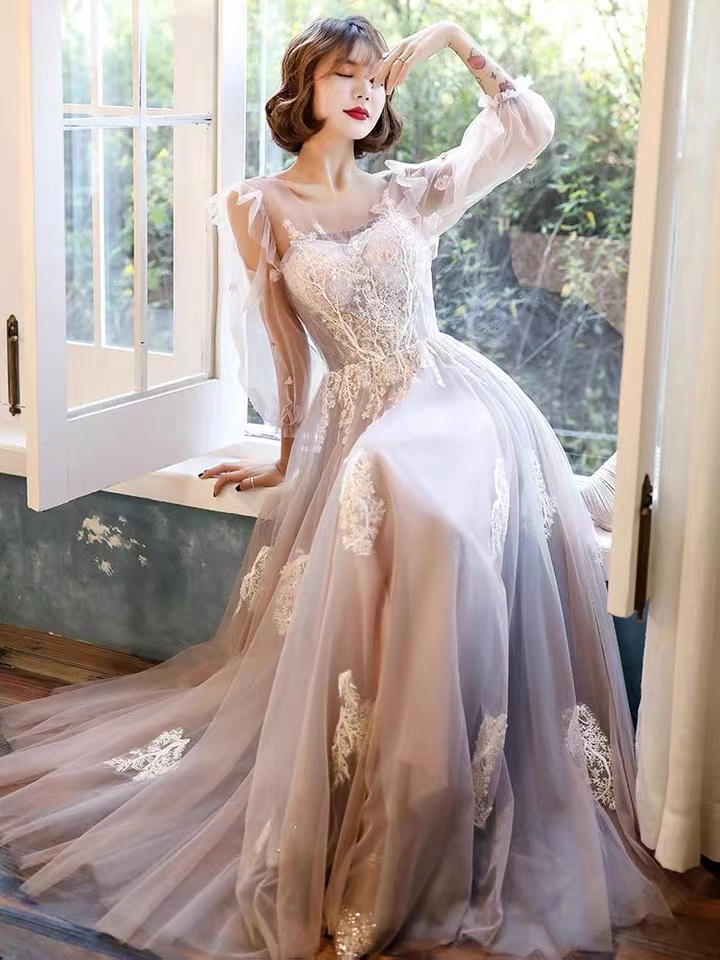 Pink Bridesmaid Dress, Long Sleeve Birthday Dress, Fairy Applique Dress,custom Made