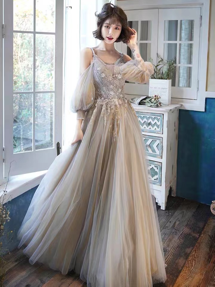 Gray Birthday Evening Dress, Class Dress Bridesmaid Dress, Fairy Long Sleeve Dress,custom Made