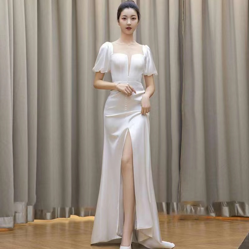 White Party Dress, Elegant Prom Dress,saitn Evening Dress With Slit,custom Made