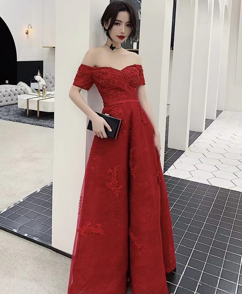 Red Evening Dress, Off Shoulder Prom Dress, Charming Lace Party Dress,custom Made