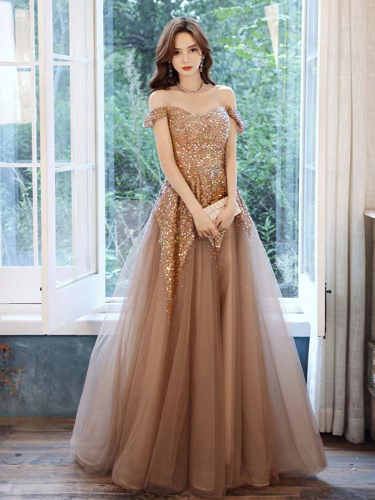 Gold Quality Evening Dress, , Sequins Prom Dress,custom Made