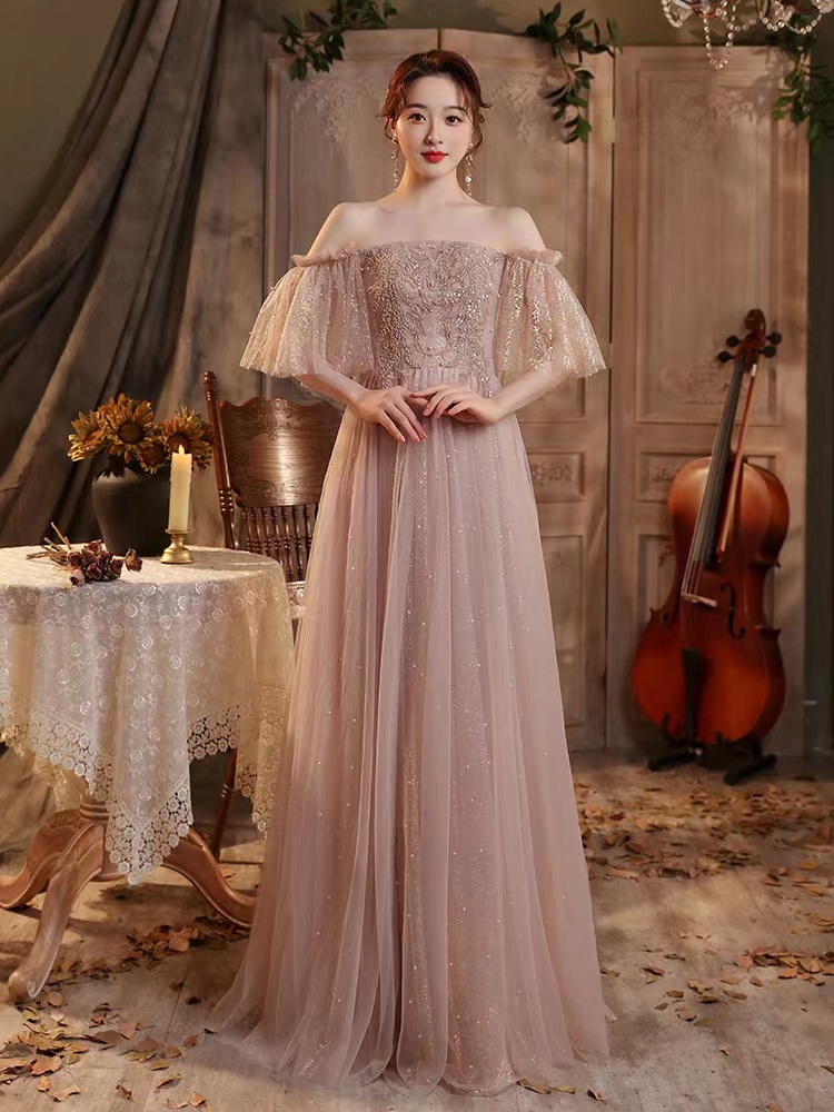 princess polly baby blue dress Chic Beautiful Candy Pink Pearl Bridesmaid Dresses 2021 A Line Princess  Short Sleeve Backless Sequins Floor Length Long Wedding Party Dresses main image 1